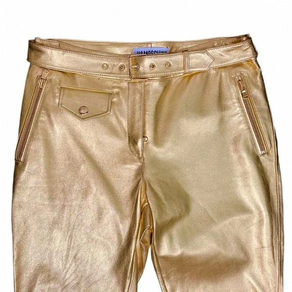 H&Moschino Gold Calf Leather Women's Pants Rare COLLAB - Picture 9 of 16